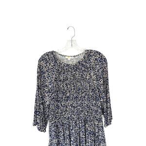 Boden Tunic Blue‎ Tan Floral Print Smocked 3/4 Sleeve Pockets Stretch Size 10R
